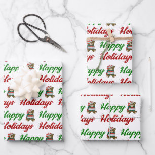 Happy Holidays Teddy Bear Christmas script Wrapping Paper Sheet