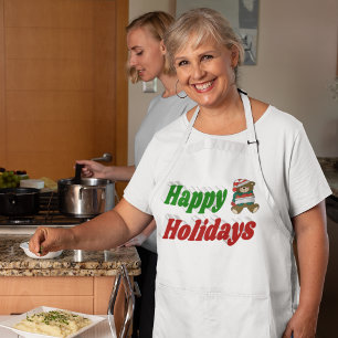 Happy Holidays Teddy Bear Christmas typography Long Apron