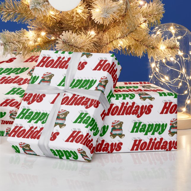 Happy Holidays Teddy Bear Christmas typography Wrapping Paper (Holidays)