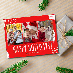 Happy Holidays Three Photo Family Christmas Holiday Postcard