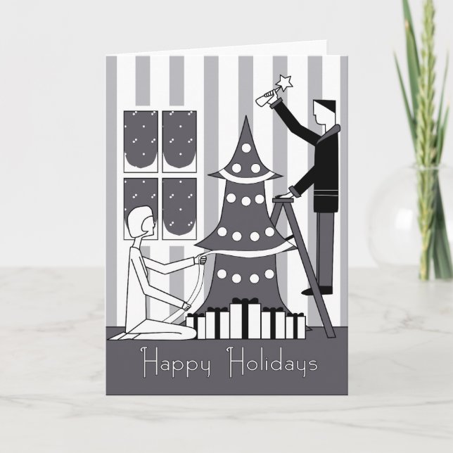 "Happy Holidays" tree decorating Holiday Card (Front)