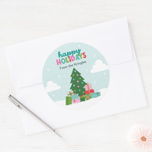 Happy Holidays Tree with Gifts in Aqua Blue Classic Round Sticker