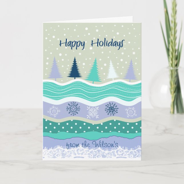 Happy Holidays, Trees Snowflakes, Add Your Name Holiday Card (Front)