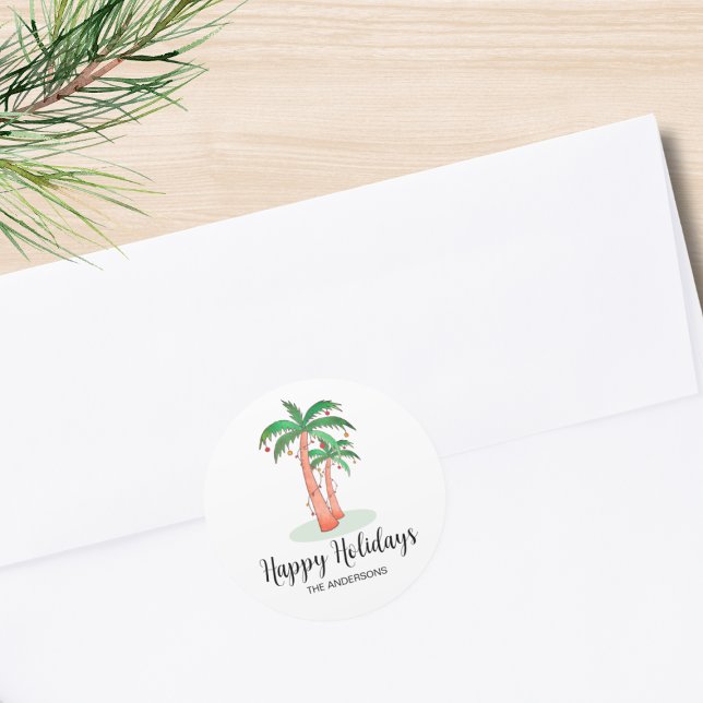 Happy Holidays Tropical Palm Tree Christmas Classic Round Sticker (Creator Uploaded)