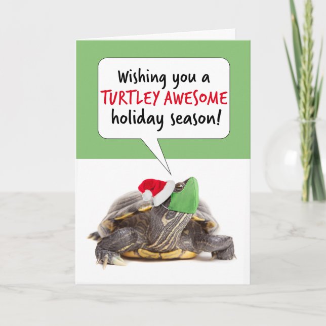 Happy Holidays Turtle in Covid Mask Humor Holiday Card (Front)