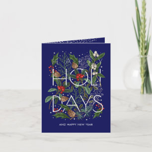 Happy Holidays Typography Greenery Berries Folded Holiday Card