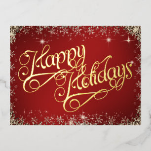 Happy Holidays Typography Red and Diamonds  Foil Holiday Postcard