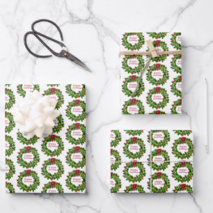 Happy Holidays Typography Wreath Red Green Wrapping Paper Sheet