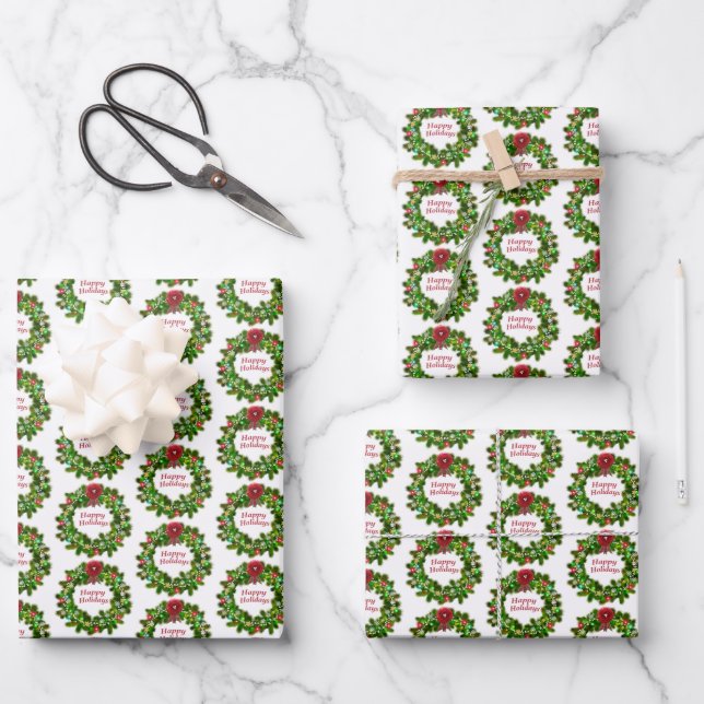 Happy Holidays Typography Wreath Red Green Wrapping Paper Sheet (Front)