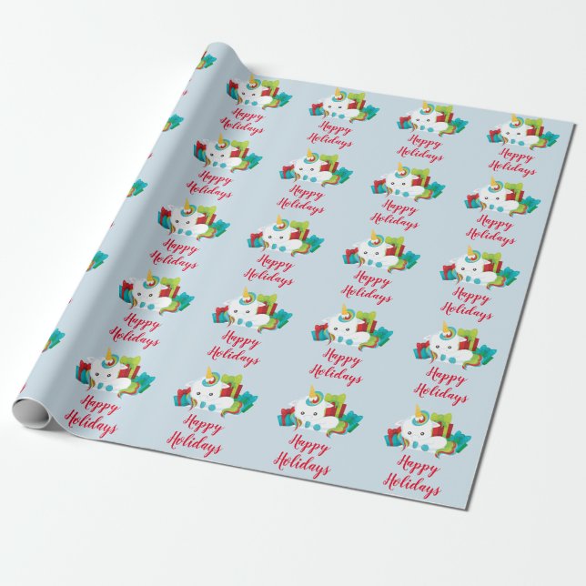 Happy Holidays Unicorn Wrapping Paper (Unrolled)