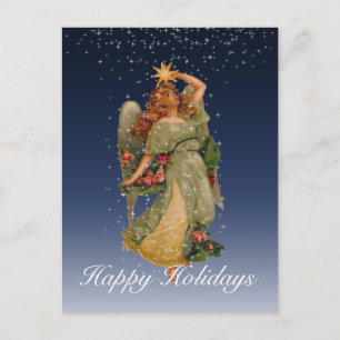 Happy Holidays Vintage Angel Stars Night Sky Holiday Postcard