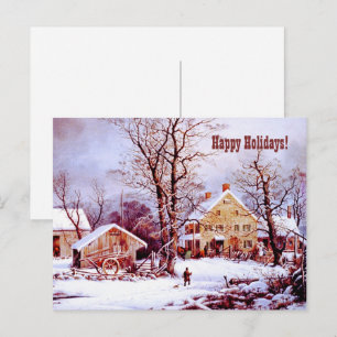 Happy Holidays. Vintage Farm Winter Scene Holiday Postcard