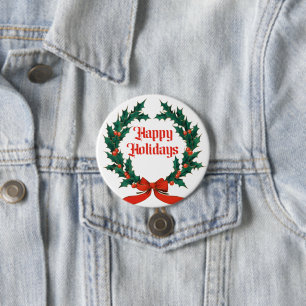 Happy Holidays Vintage Holly Christmas Wreath 3 Inch Round Button