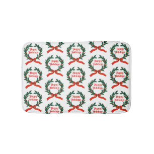 Happy Holidays Vintage Holly Christmas Wreath Bath Mat