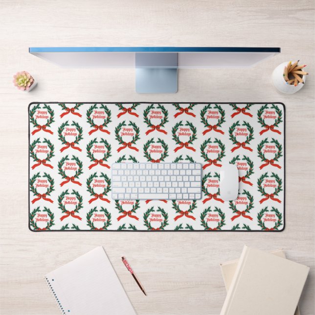 Happy Holidays Vintage Holly Christmas Wreath Desk Mat (Office 1)