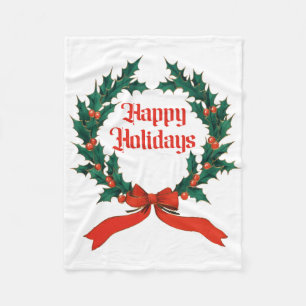 Happy Holidays Vintage Holly Christmas Wreath Fleece Blanket
