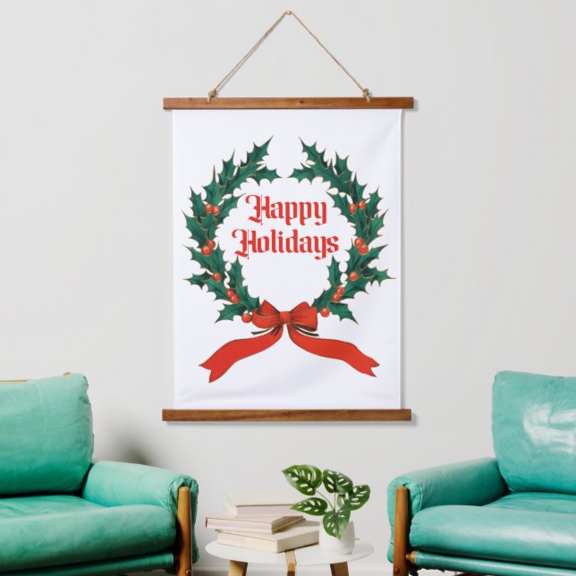 Happy Holidays Vintage Holly Christmas Wreath Hanging Tapestry (Living Room)