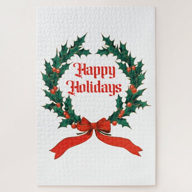 Happy Holidays Vintage Holly Christmas Wreath Jigsaw Puzzle (Vertical)