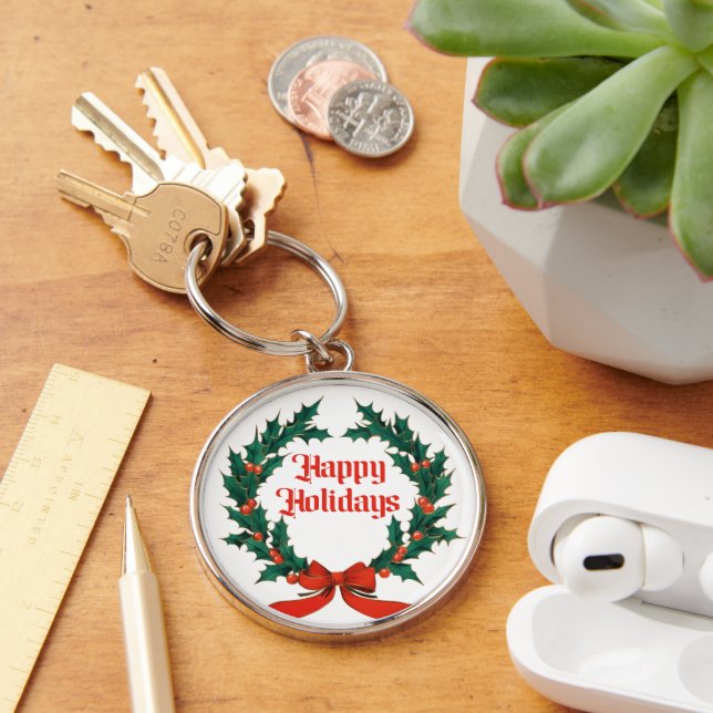 Happy Holidays Vintage Holly Christmas Wreath Keychain (Desk)