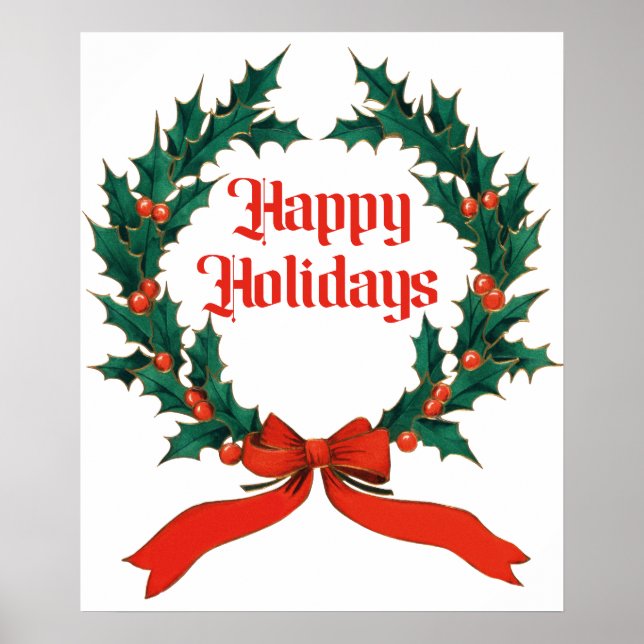 Happy Holidays Vintage Holly Christmas Wreath Poster (Front)