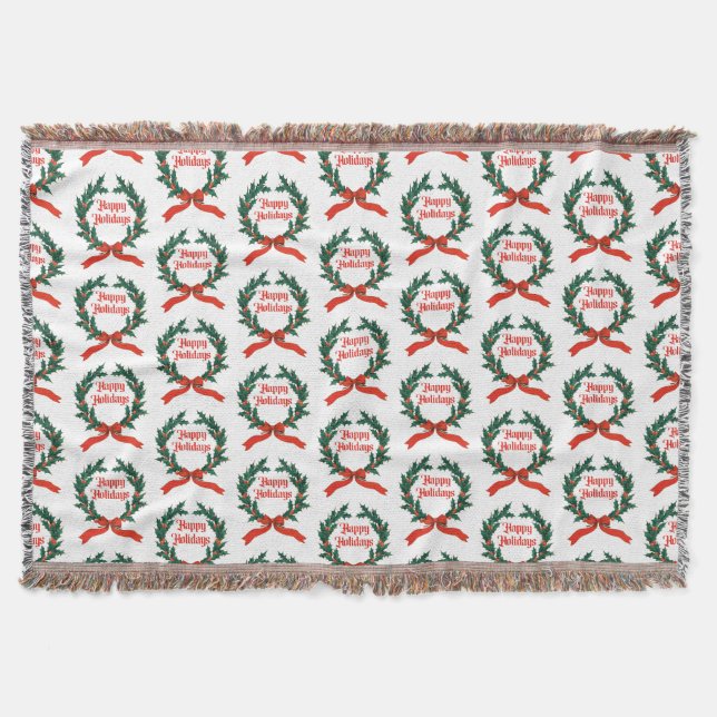 Happy Holidays Vintage Holly Christmas Wreath Throw Blanket (Front)
