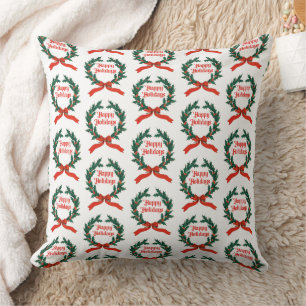Happy Holidays Vintage Holly Christmas Wreath Throw Pillow