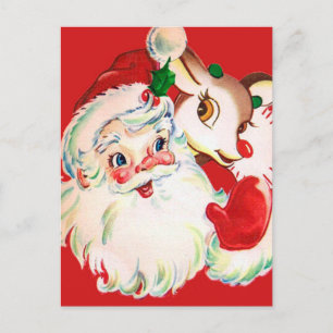 HAPPY HOLIDAYS   Vintage Santa & Rudolph Postcard