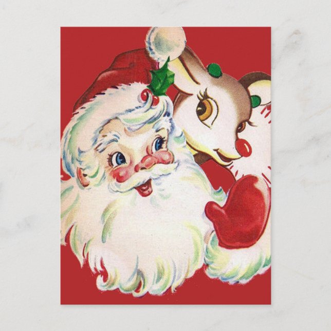 HAPPY HOLIDAYS | Vintage Santa & Rudolph Postcard (Front)
