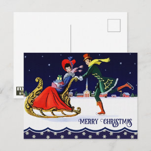 Happy Holidays. Vintage Skating Couple Christmas Postcard
