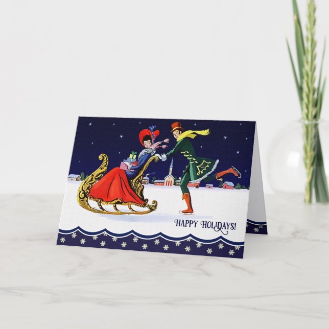 Happy Holidays. Vintage Winter Scene Holiday Card (Front)