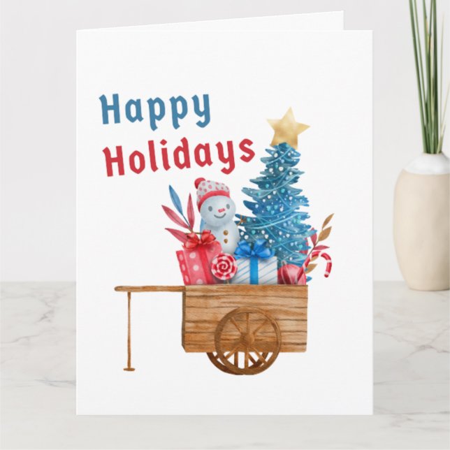 Happy Holidays Wagon with Snowman  Card (Front)