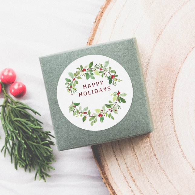 Happy Holidays Watercolor Botanical Christmas Classic Round Sticker (Creator Uploaded)