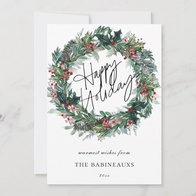 Happy Holidays Watercolor Christmas Wreath Holiday Card (Front)