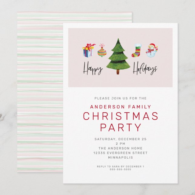 Happy Holidays Watercolor Cute Christmas Party Invitation (Front/Back)