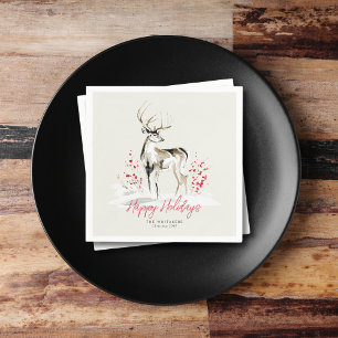 Happy Holidays Watercolor Deer Personalized Name Napkin