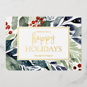 Happy Holidays Watercolor Floral Foil Holiday Card