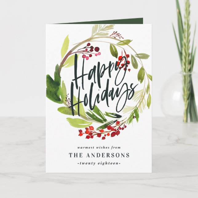 Happy Holidays watercolor floral Holiday Card (Front)