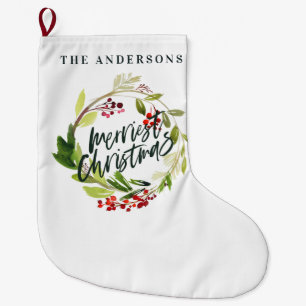 Happy Holidays watercolor floral Holiday  Large Ch Large Christmas Stocking