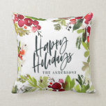 Happy holidays watercolor floral Holiday Throw Pillow<br><div class="desc">Happy holidays watercolor floral script text Holiday card. Part of a collection. Ideal family or friend gift.</div>