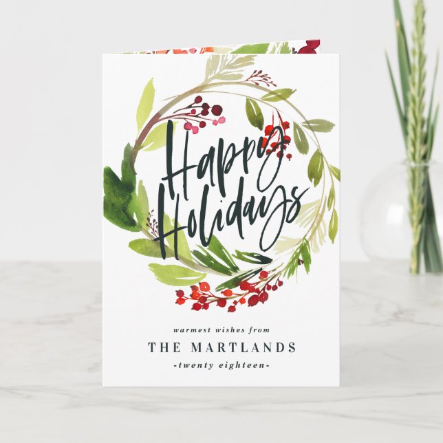 Happy Holidays watercolor floral photo Holiday Card (Front)