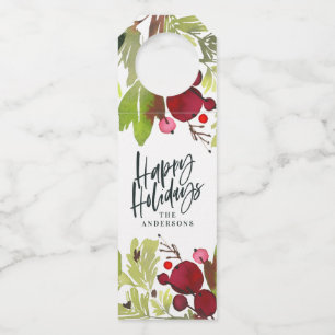 Happy holidays watercolor floral script bottle tag