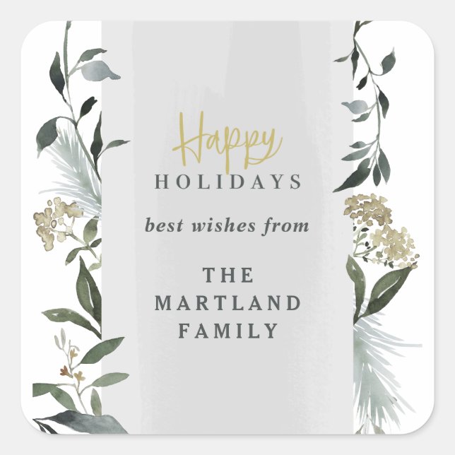 Happy Holidays watercolor foliage Christmas Square Sticker (Front)