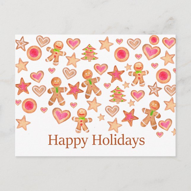 Happy Holidays watercolor gingerbread cookies Postcard (Front)
