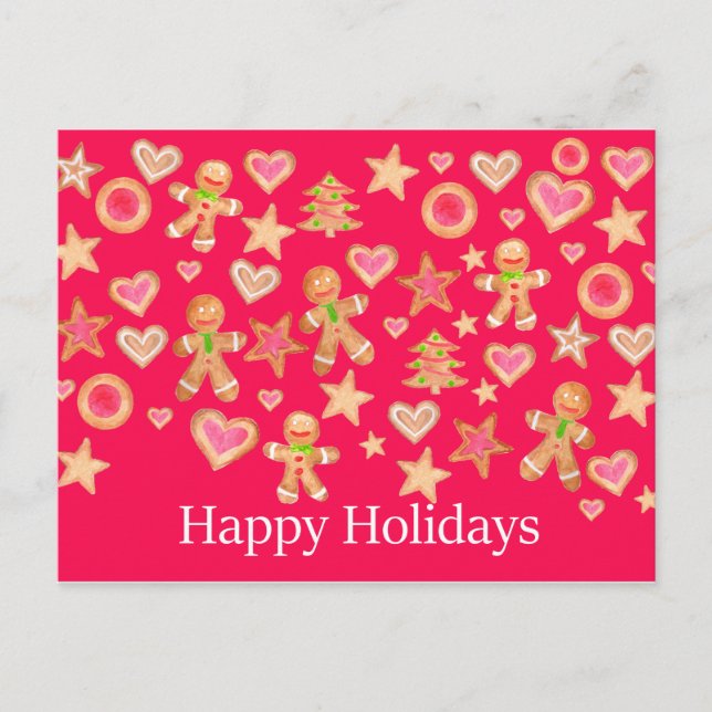 Happy Holidays watercolor gingerbread cookies Postcard (Front)