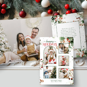 Happy Holidays Watercolor Holly Botanical 5 Photo Tri-Fold Card