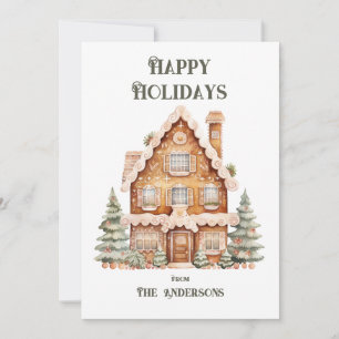 Happy Holidays Watercolor House Personalized  Holiday Card