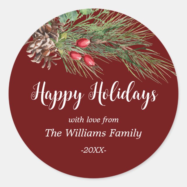 "Happy Holidays!" Watercolor Pine Christmas  Classic Round Sticker (Front)