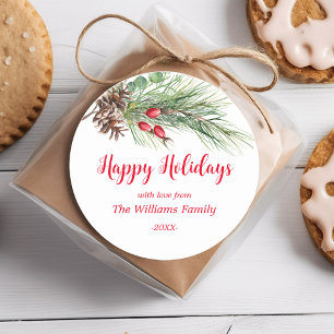 "Happy Holidays!" Watercolor Pine Christmas Classic Round Sticker