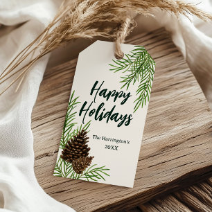 Happy Holidays Watercolor Pine Ivory Christmas  Gift Tags