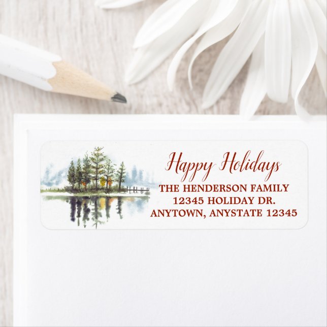Happy Holidays Watercolor Pine Tree Address (Insitu)